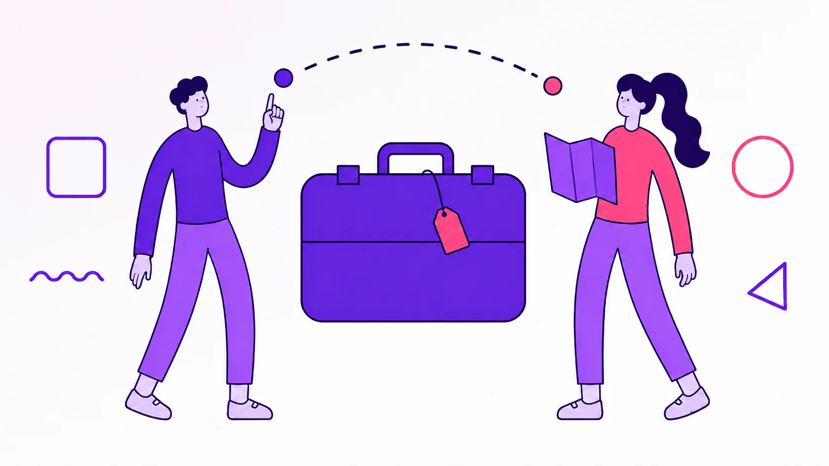 Two partners planning a shared trip with a suitcase, luggage tag, and dotted route.
