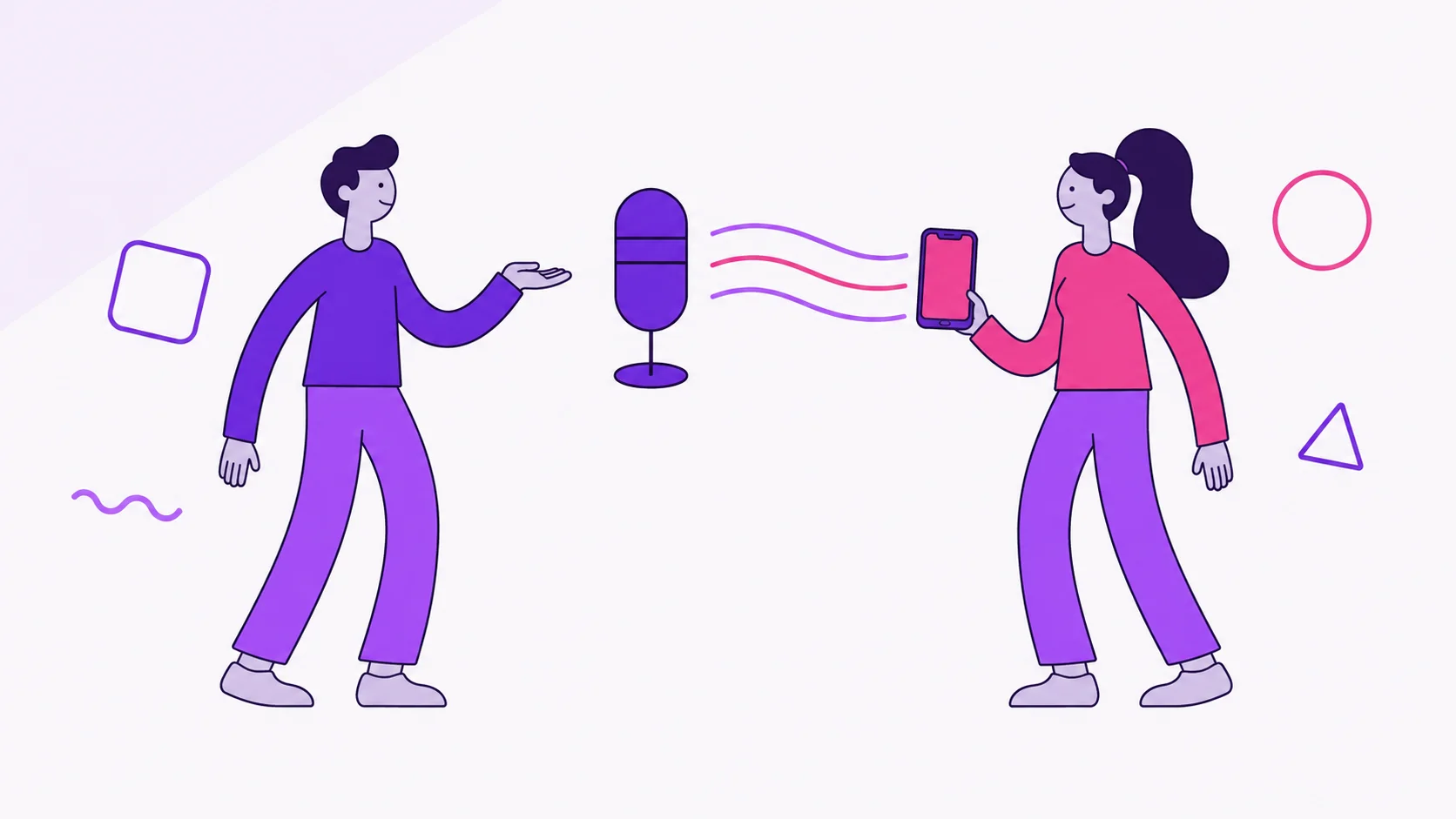 A couple in a voice chat with Divi: one partner speaks toward a microphone while the voice waves travel across the frame to the phone in the other partner's hand.