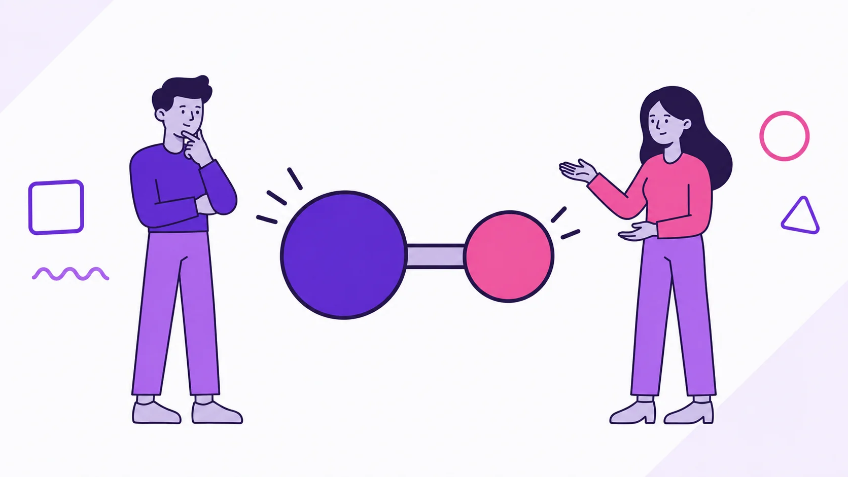 Casal a dois discutindo de forma calma a divisão proporcional de gastos: um diagrama central com dois círculos conectados representa a regra combinada entre eles.