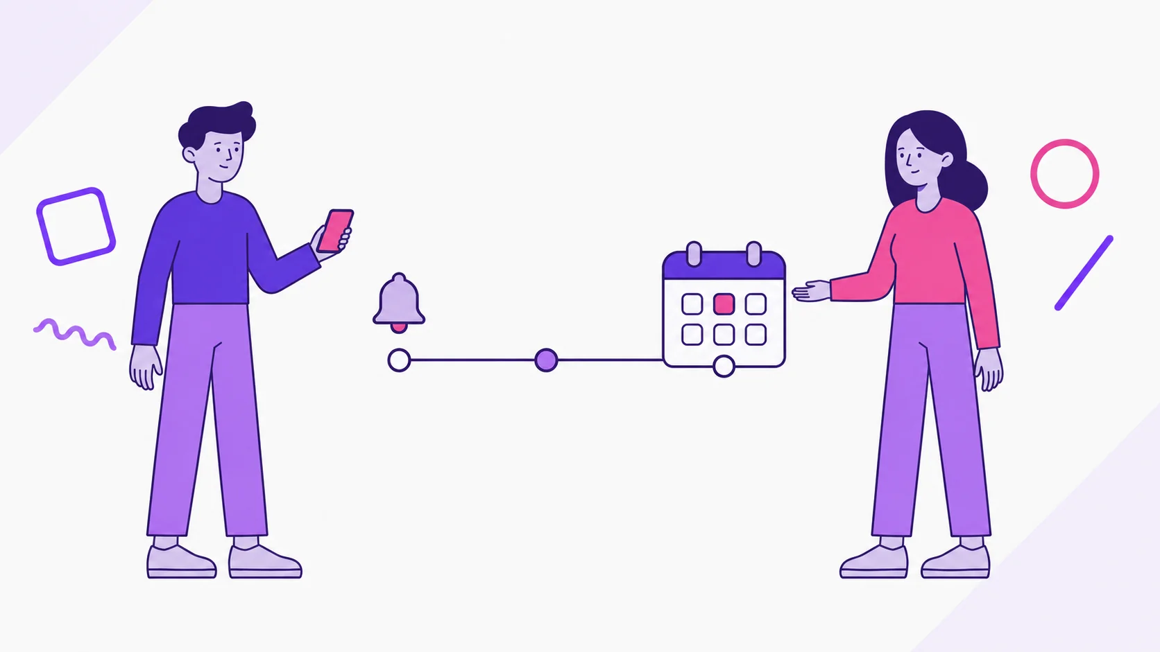Two partners stand by a timeline that starts with a small bell and ends at a calendar with the due day highlighted, showing an alert before and on the due date.