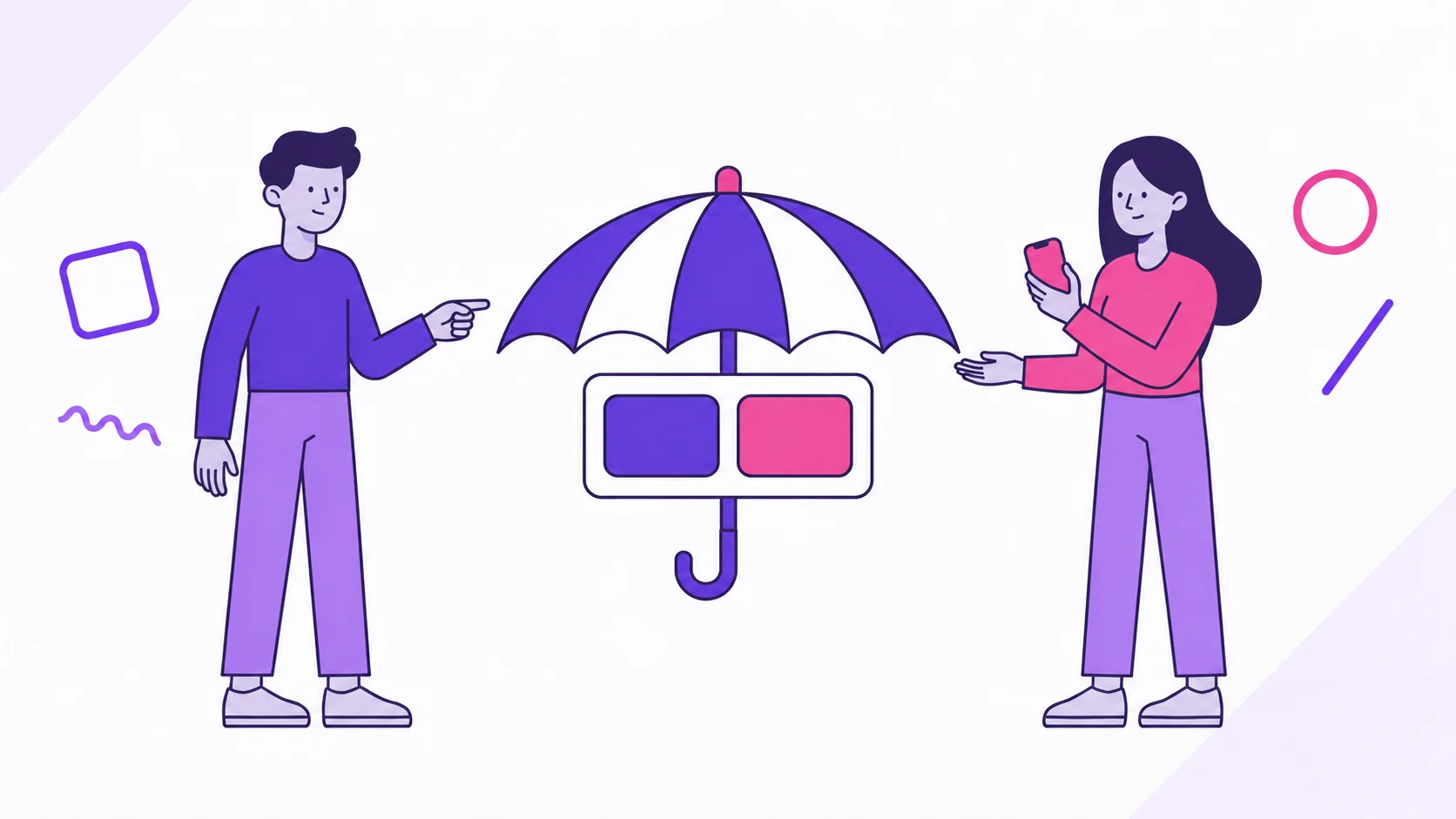 Two partners presenting an umbrella over one card with two equal blocks, representing a Premium Duo subscription covering both people.