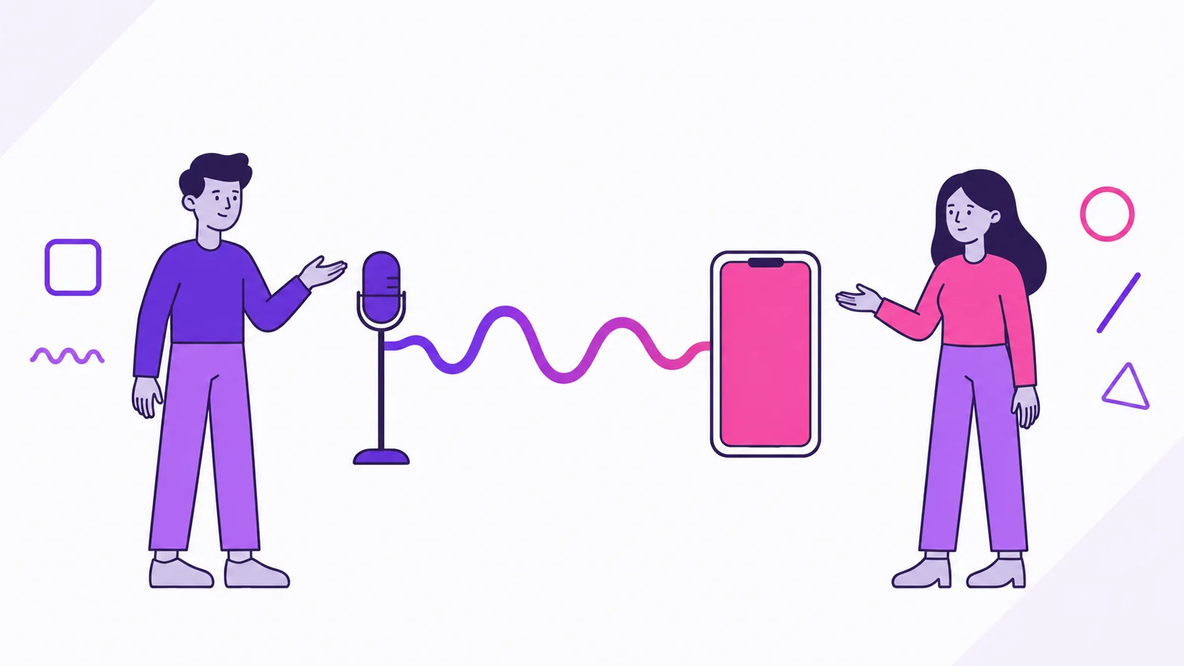 Two partners observe a voice conversation: sound waves travel from a microphone to a phone, representing Divi's help with adding bills.