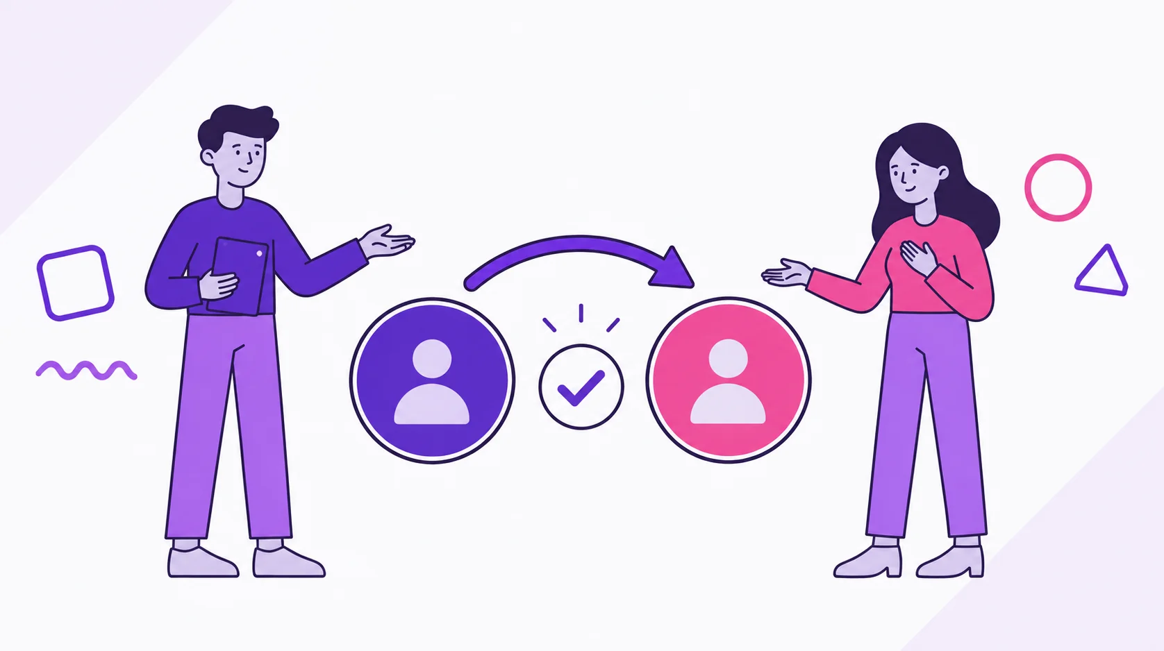Two partners beside two circular profile avatars connected by a curved transfer arrow, with a checkmark showing the settlement is done.