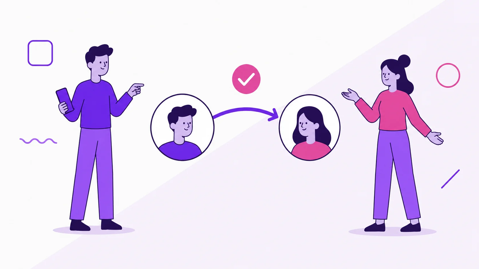 Two partners looking at a circular balance transfer diagram with a checkmark in dividi.