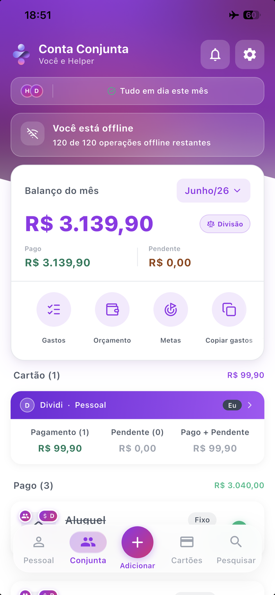 A mesma conta conjunta em modo avião, com o aviso de que você está offline e ainda tem 120 de 120 operações offline restantes no Premium.