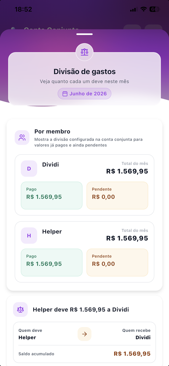 Tela de divisão de gastos do dividi, com o que cada pessoa pagou, o que falta e o saldo a transferir.