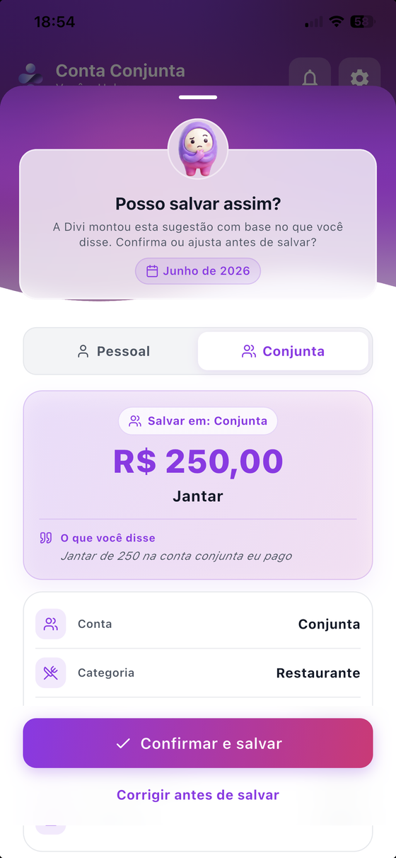 Tela de gasto por voz do dividi, com a Divi transcrevendo o gasto falado para revisão antes de salvar.