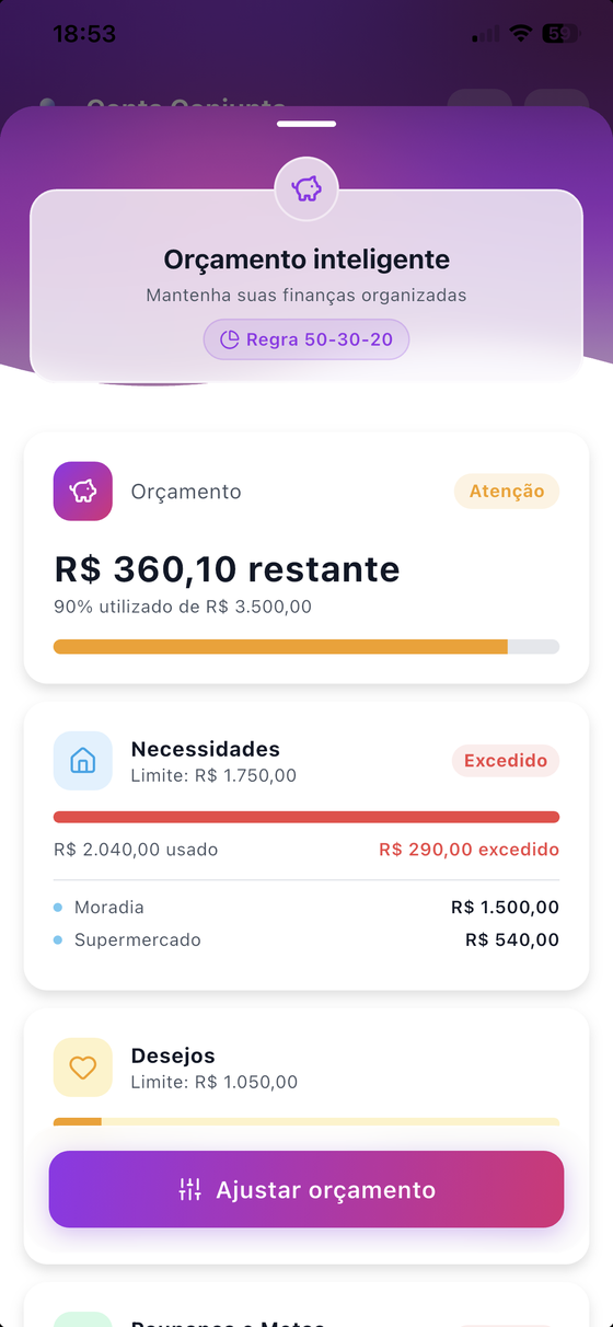 Tela de orçamento do dividi, com o limite do mês por categoria e o quanto já foi usado.
